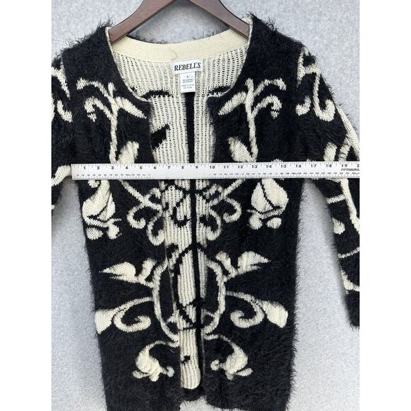 Rebells Womens Open Cardigan Fuzzy Black Cream Floral Print Long Sleeve Size S - Picture 3 of 11